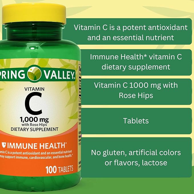 Spring Valley Vitamin C 1000mg with Rose HIPS Tablets Dietary Supplement, Antioxidant Protection, 100 Count (Pack of 1)