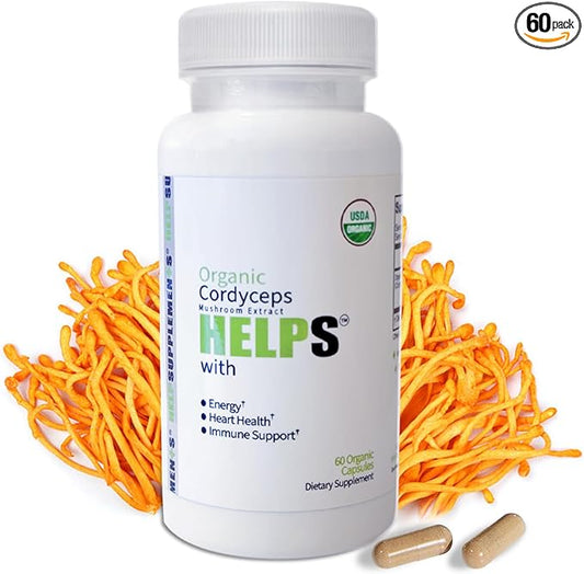 Organic Cordyceps Mushroom Capsules Supplement - 1000mg Cordyceps Militaris Extract - 100% Natural, Real & Pure - Beta-Glucan - Herbal Support for Energy-Boosting & Immune Health - 60 Capsules