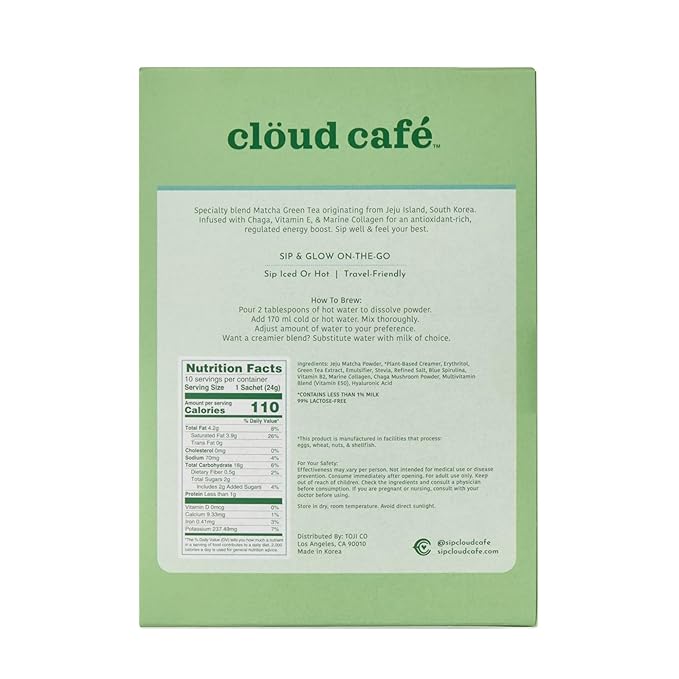 Clöud Café Collagen Infused Matcha Latte Instant Tea Powder - Vitamin E, Chaga Mushrooms Powder, & Marine Collagen Instant Tea (10 Sachets)