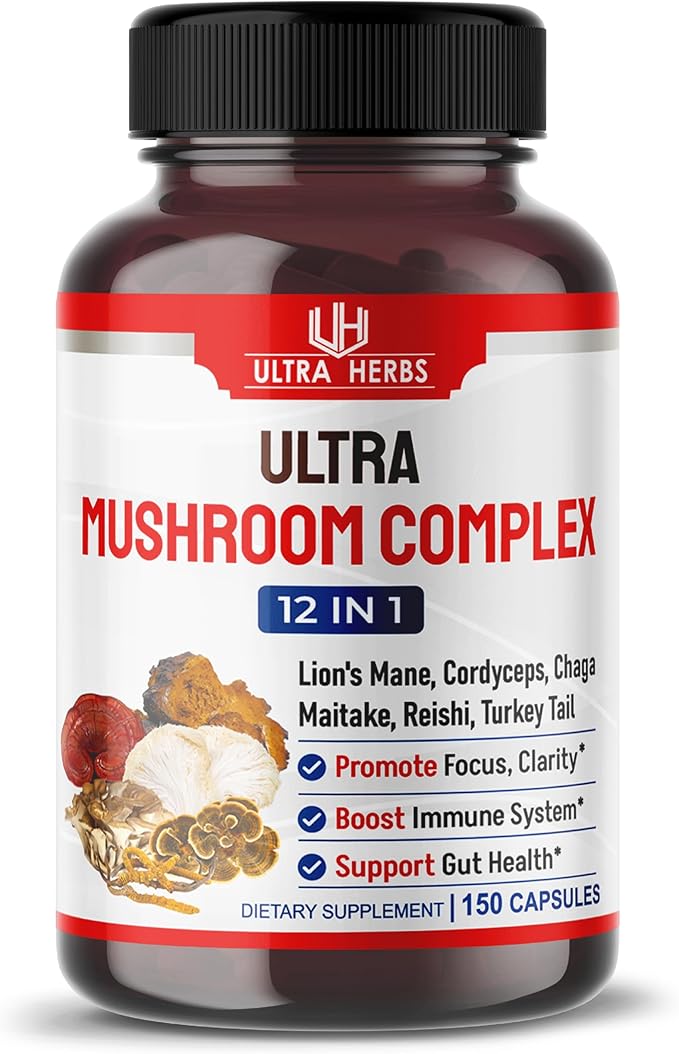 Ultra Mushroom Supplement Complex w Lion's Mane Cordyceps Maitake - 8 in 1 Mushroom Brain Supplements for Enhanced Clarity and Focus | 150 Capsules