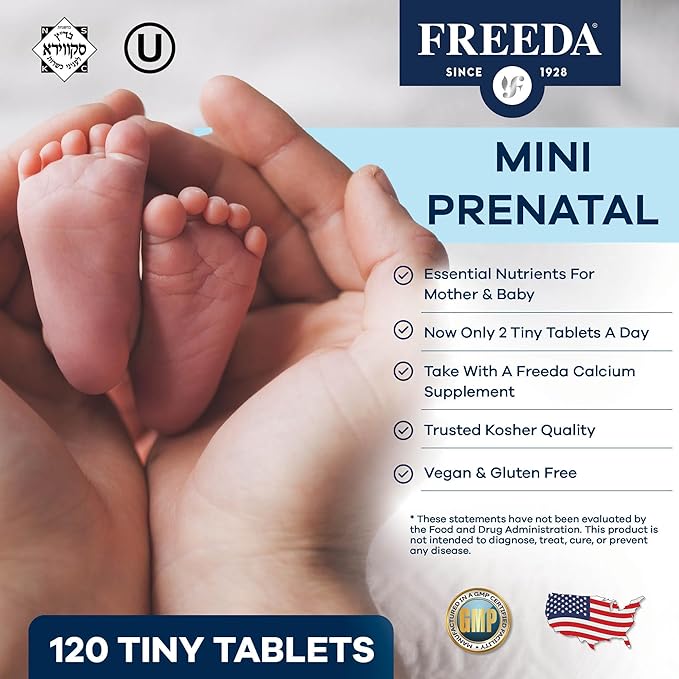 FREEDA Mini Prenatal Vitamin - Kosher Prenatals -Tiny Easy to Swallow Tablets - Prenatal Vitamins with Iron, Prenatal Folic Acid/Folate, Vitamin D - Pre Natal Multivitamin for Pregnant Women (120)