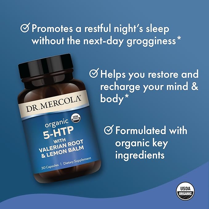 Dr. Mercola Organic 5-HTP with Valerian Root and Lemon Balm, 30 Servings (30 Capsules), Dietary Supplement, Suports Restful Sleep, Non-GMO, Certified USDA Organic - 2 Pack