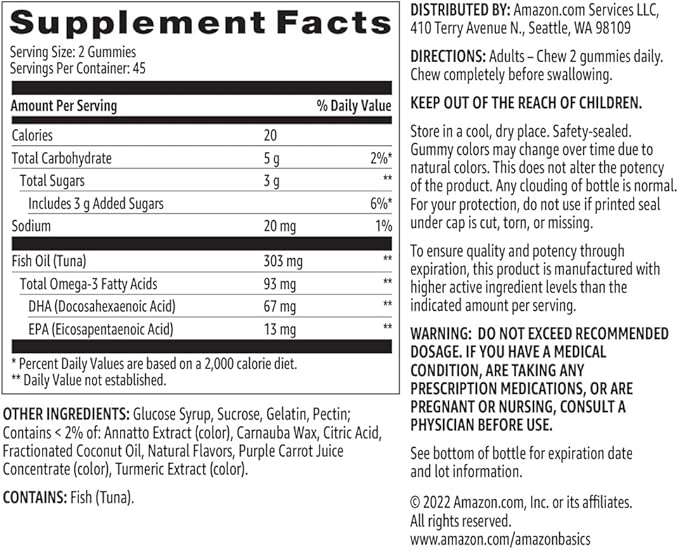 Amazon Basics Fish Oil 303 mg, Lemon, Orange & Strawberry-Banana Flavors, 90 Gummies (2 per Serving), EPA and DHA Omega-3 Fatty acids (Previously Solimo) (Pack of 2)