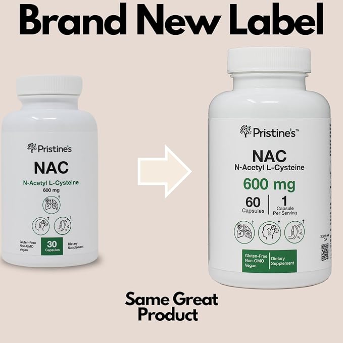 PRISTINE'S N-Acetyl L-Cysteine (NAC) Immunity, Lung, & Liver Support Supplement Capsules - 600MG 60 Day Supply - Potent Antioxidant - Vegan, Gluten Free, Non GMO