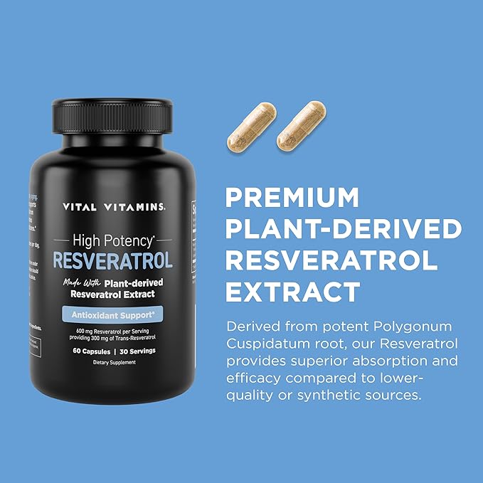 Vital Vitamins Resveratrol Supplement - Antioxidant Support, Cellular Longevity, Cognitive Function - 60 Capsules