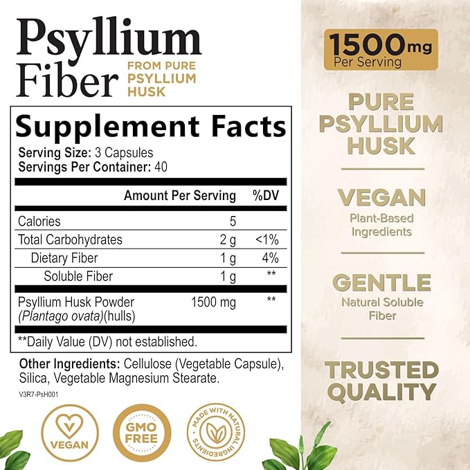 Psyllium Husk Fiber Caps 1500mg Supplement - Psyllium Husk Capsules Daily Support Digestive Health & Regularity, Nature's Plant Based Husks Natural Soluble Fiber Pills, Vegan, Non-GMO - 120 Capsules