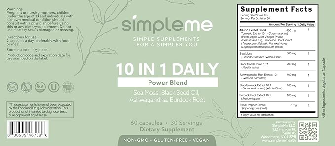 Burdock Root Organic and Bladderwrack 10 in 1 Immunity Booster Power Blend with Irish Sea Moss, Ashwagandha and Black Seed Supplement for Men and Women, Seamoss Pills Herbal, Vegan - 60 Capsules