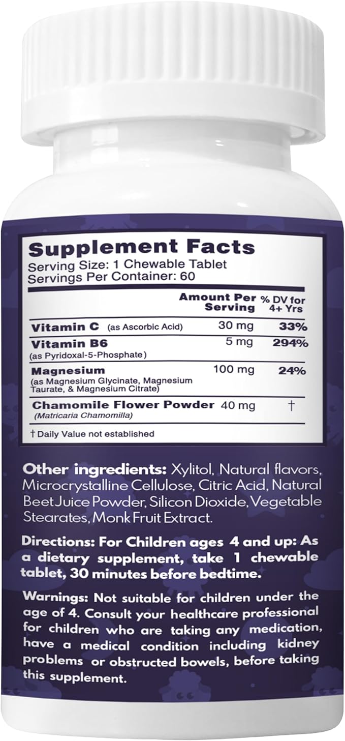 VAL Sugar-Free Calm Magnesium for Kids PM Chewable Tablets | Magnesium Glycinate, Citrate & Taurate | Chamomile & Vitamins B6 & C | Bedtime Support | Non-GMO | Grape Flavor | 60 Count