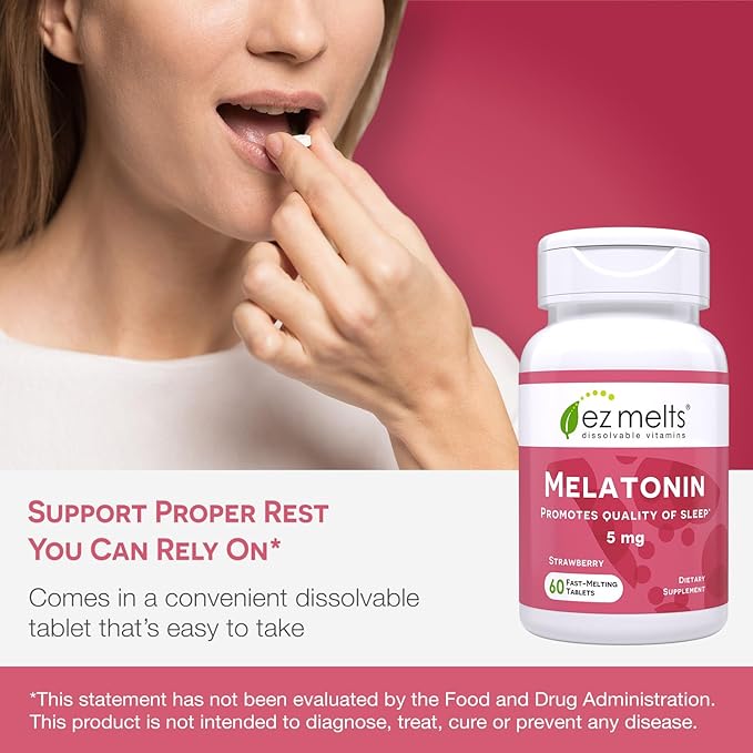 EZ Melts Dissolvable Melatonin, 5 mg, Sugar-Free, 2-Month Supply, Strawberry-Flavored