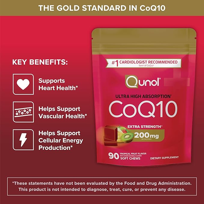 Qunol CoQ10 200mg Soft Chews, Extra Strength & Ultra High Absorption Coenzyme Q10 Supplement, #1 Cardiologist Recommended Supplement for Heart Health, 90 Count