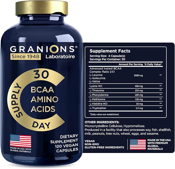 Essential Amino Acids Supplement for Men & Women - All 9 BCAAs EAA Supplements Formula - Leucine Amino Acid, Lysine, Tryptophan, Advanced Amino Energy & Muscle Recovery - 120 Vegan BCAA Capsules