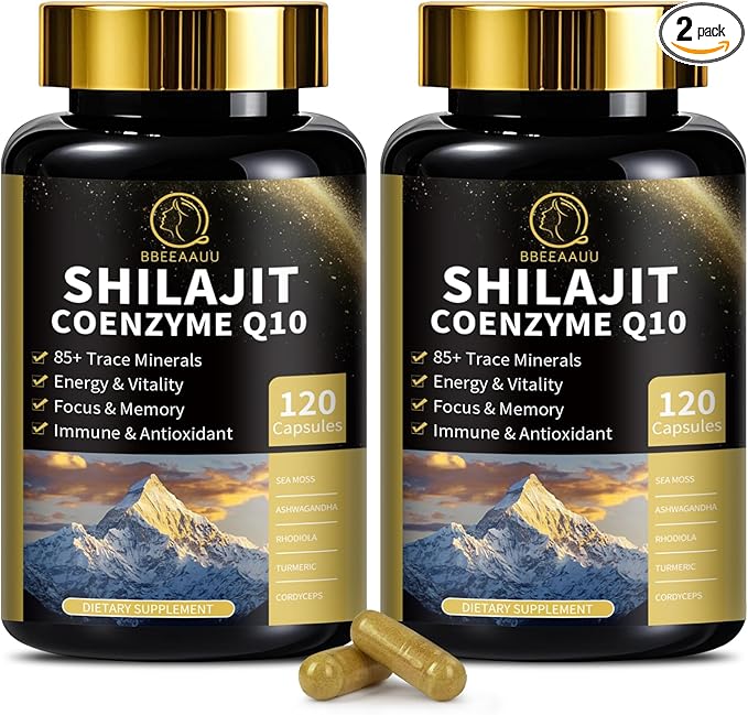 Shilajit Capsules with Sea Moss & Ashwagandha for Men & Women,12 in 1 Himalayan Shilajit Supplements with Coenzyme Q10, Fulvic Acid & Humic Acid, Lion's Mane, Energy & Immune, 120 Count, 2 Pack