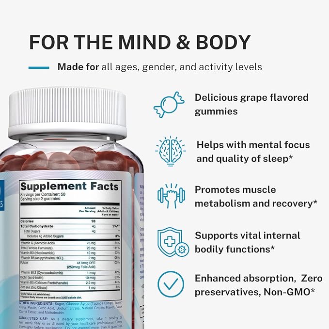 Iron Gummies for Women, Men & Kids - Iron Supplement with Vitamin C, A, Vitamins B Complex, Biotin & Zinc - Multivitamin Chewable Iron Gummies for Adults - Alternative to Iron Pills, Capsules, Tablets