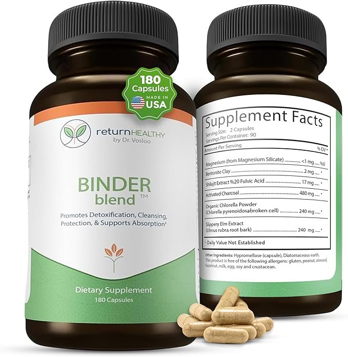 Binder Blend - Toxin Binder Supplement, Detox Capsules for a Healthy Gut - 180 Capsules - 90 Servings - 960mg Activated Charcoal & 480mg Organic Chlorella - Bloating Relief - Bentonite Clay