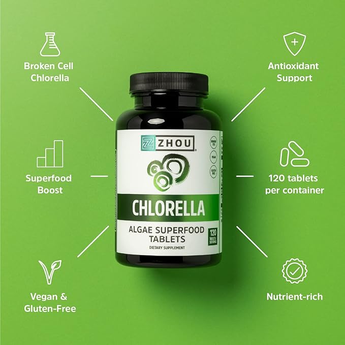 Zhou Nutrition Chlorella Tablets, Algae Superfood, Chlorella Broken Cell, Vegan Supplement, Gluten-Free, 120 Tablets
