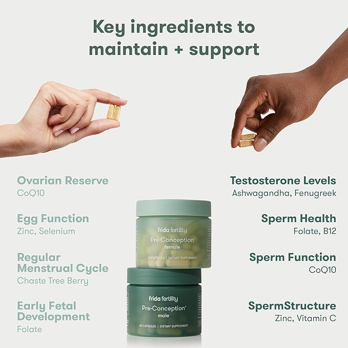 Frida Fertility Pre-Conception Supplement Set, His & Hers Daily Vitamins & Minerals for Fertility, Egg Support & Sperm Health, Folic Acid, Inositol, CoQ10, 60 Capsules Each, 30 Day Supply