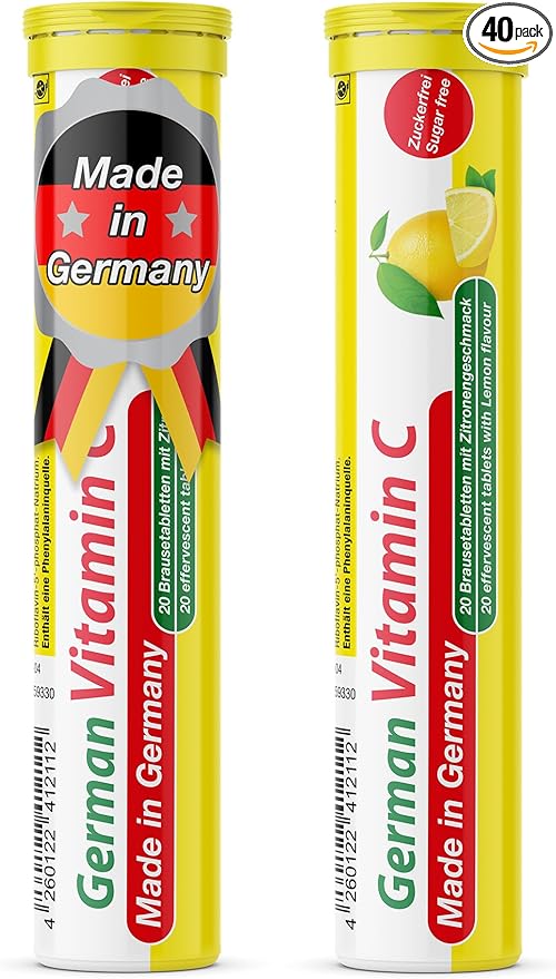 German Vitamin C 180 mg - 40 Vegan Drink Effervescent Tablets - Lemon Lime Flavor - Made in Germany