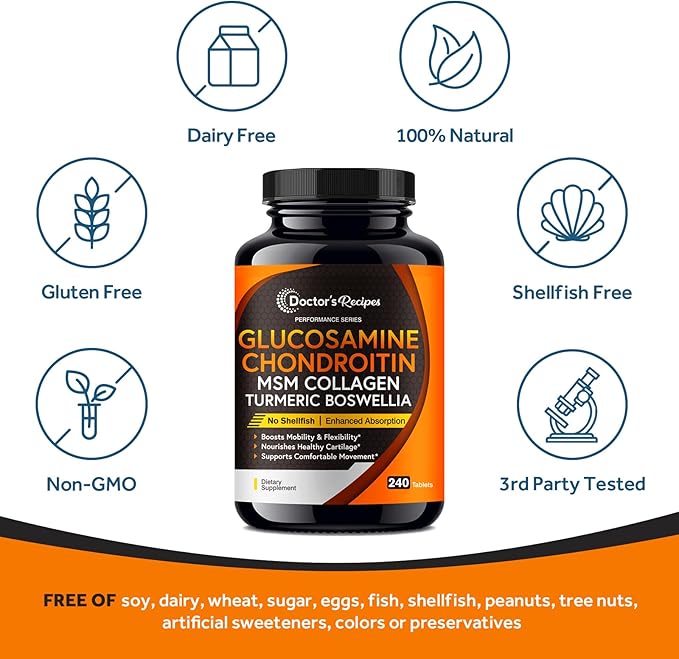 Doctor's Recipes Glucosamine Chondroitin MSM Turmeric Quercetin, Movement Support Supplement for Men & Women, with Black Pepper for High Absorption, Mobility & Flexibility, No Shellfish, 240 Tablets