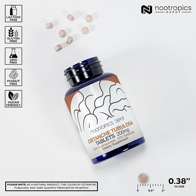 Nootropics Depot Cistanche tubulosa Tablets | 200mg | 180 Count | Minimum 50% Echinacoside + 10% Acetoside (Verbascoside) | Promotes Physical Strength and Energy | Promotes Vitality