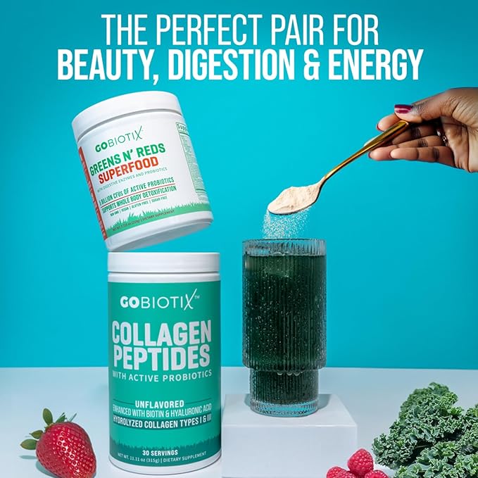 GOBIOTIX Super Greens & Collagen Bundle - Vitality Boost with Organic Spirulina & Hair-Skin-Nails Support - 30 Servings Each