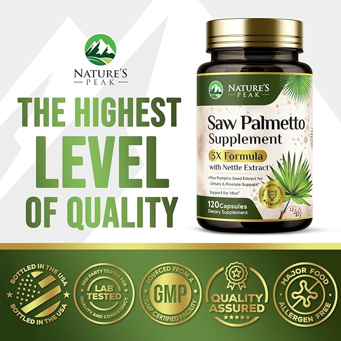 Saw Palmetto for Men Prostate Supplement - Potent 3X Formula with Stinging Nettle + Pumpkin Seed Extract for Men's Health, Herbal Prostate Supplement for Urinary Support, Bottled in USA, 120 Capsules