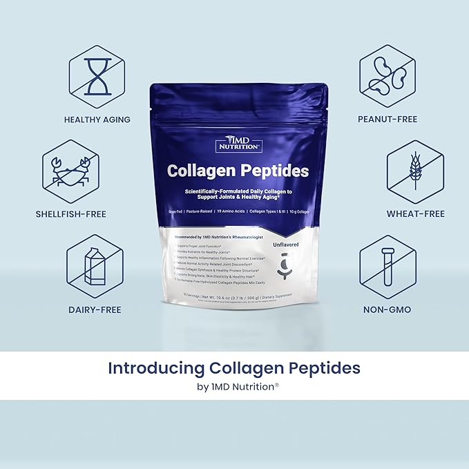 1MD Nutrition Collagen Peptides - Hydrolyzed Collagen Powder Types I & III for Women & Men - Joint, Hair & Nail Support - Unflavored - 30 Servings