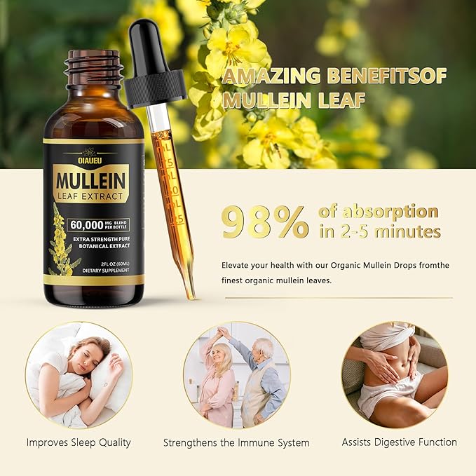 Mullein Drops for Lungs, Natural Mullein Leaf Extract, Respiratory Support & Lung Cleanse Herbal Supplement, 2 fl oz