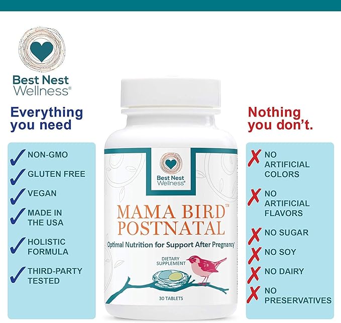 Best Nest Wellness Mama Bird Postnatal Vitamins for Breastfeeding and Postpartum, Whole Food Organic Blend, Methylated Vitamins, Vegan, Once Daily, 30 Ct