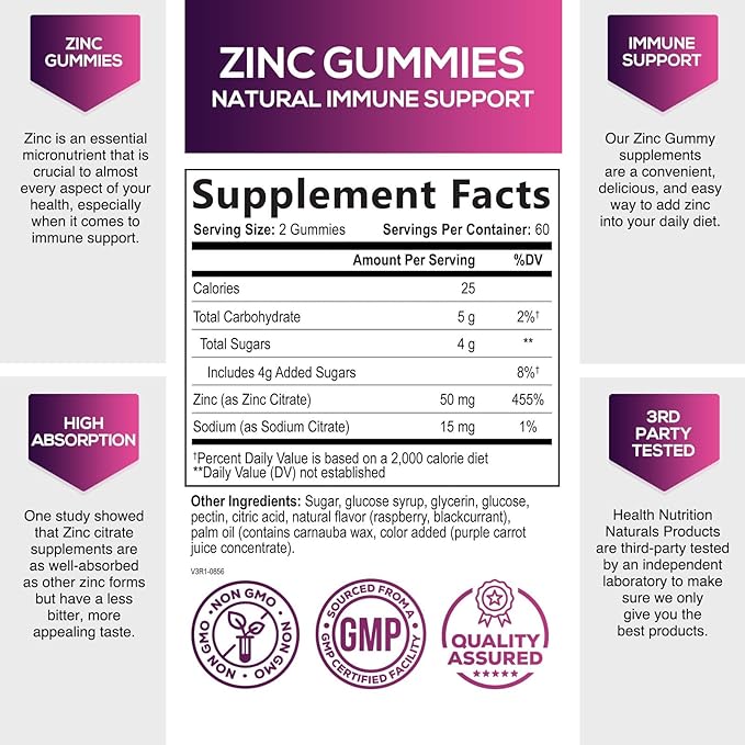 Zinc Gummy for Adults 50mg, Max Strength Bone, Skin Health & Immune Support Gummies, Vegan, Non-GMO & Gluten Free, Immune Health Support, Nature’s Antioxidant Chewable Zinc Vitamins - 120 Gummies
