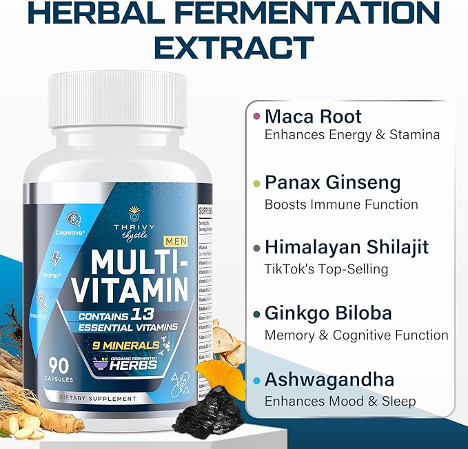 Men Multivitamins 50 Plus - Daily Multivitamin for Men with Fermented Herbal Extracts & 43 Vitamins and Minerals - Mens Vitamins Supports Memory & Brain, Energy, Bone Health