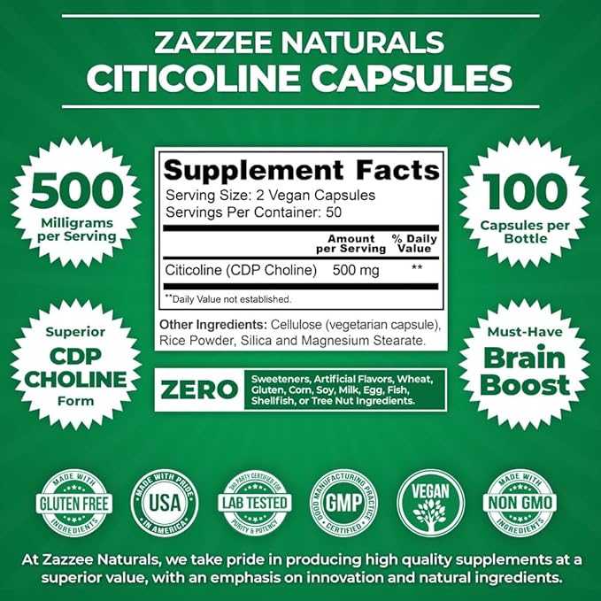 Zazzee Extra Strength Citicoline, 500 mg per Serving, 100 Vegan Capsules, Superior CDP Choline Form, 100% Vegetarian and Pharmaceutical Grade, 50-Day Supply, All-Natural and Non-GMO