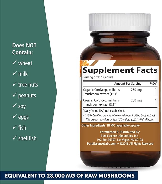PURE ESSENCE LABS MyPure Cordyceps 4X Mushrooms - Concentrated Cordyceps Mushroom Powder Supplements for Immune System, Stress Response, Physical & Mental Performance - 2 Months Supply