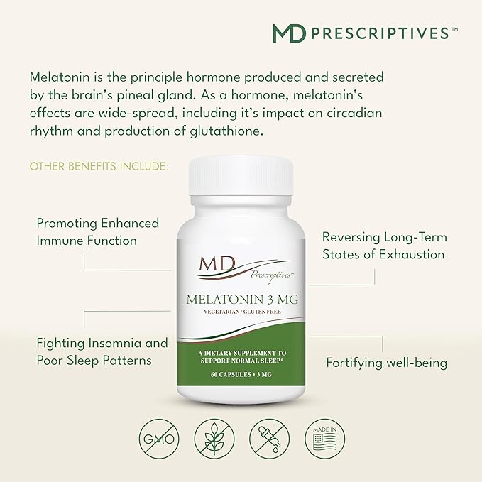 Melatonin 3mg Supplement for Men & Women - Promotes Deep Sleep, Supports Immune Balance & Glutathione Production - 60 Daily Capsules