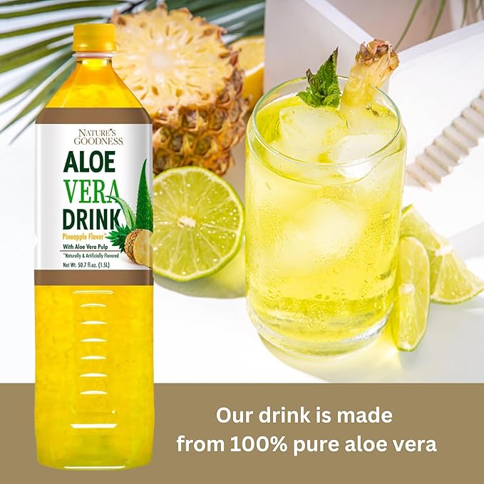 Nature's Goodness Aloe Vera Drink with Pulp Pineapple Flavor -12 Pack Case - 50.7 Fl Oz (1.5 L) Each - Total 18 Liters - Refreshing Beverage with Real Aloe Vera Juice