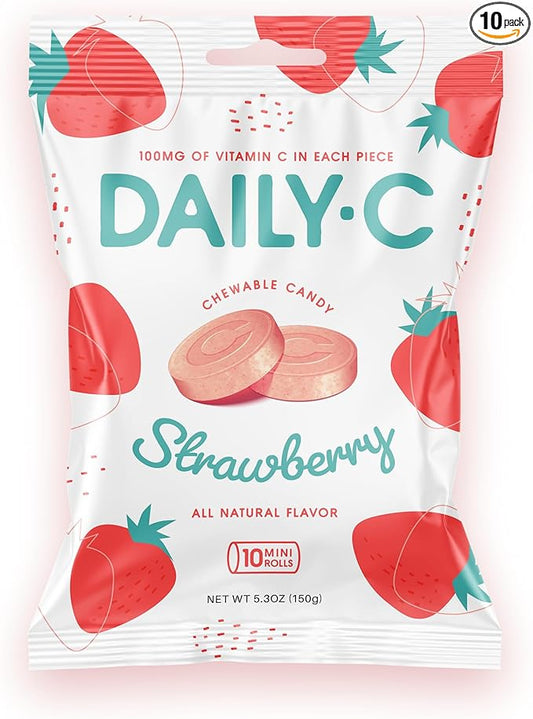 Chewable Vitamin C Strawberry Chewable Candy | 100MG of Vitamin C in Each Piece | Brought to You by Iconic Candy (Strawberry, 5.3oz Peg Bag)