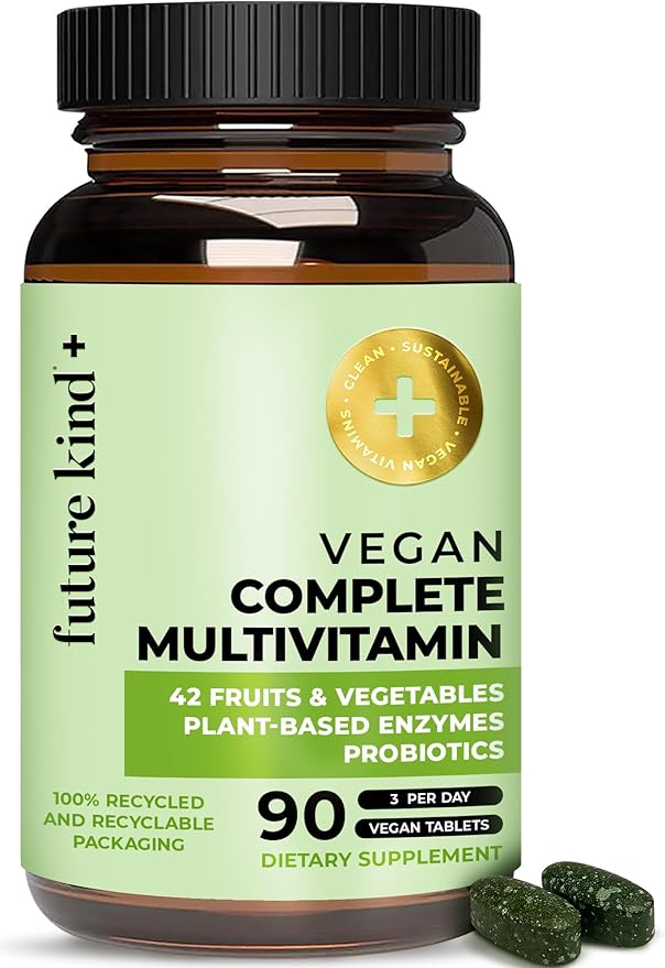 Future Kind Vegan Multivitamins Complete - 42-in-1 Vegan Multivitamins for Women & Men with Enzymes, B12, Zinc, & Probiotics for Digestion (90 tabs in Recycled Bottle)