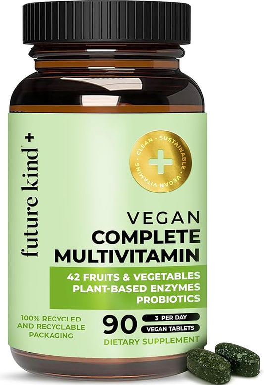 Future Kind Vegan Multivitamins Complete - 42-in-1 Vegan Multivitamins for Women & Men with Enzymes, B12, Zinc, & Probiotics for Digestion (90 tabs in Recycled Bottle)