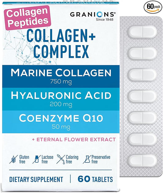 Collagen Complex Supplement – 750mg Hydrolyzed Marine Collagen Peptides, 200mg Hyaluronic Acid, Coenzyme Q10 CoQ10, Eternal Flower Hydration, Age Defense Supplements - 60 Foil Sealed Tablets