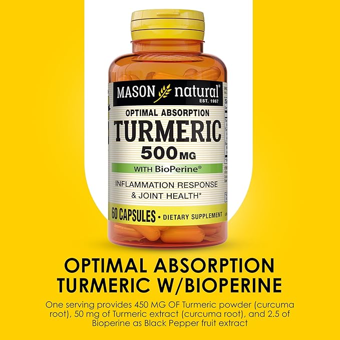 MASON NATURAL Optimal Absorption Turmeric 500 mg with BioPerine, Supports Normal Joint Health, 60 Capsules