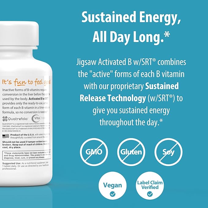 Jigsaw Health Activated B w/SRT | Supports Healthy Nervous System and Energy Production | 120 Tablets