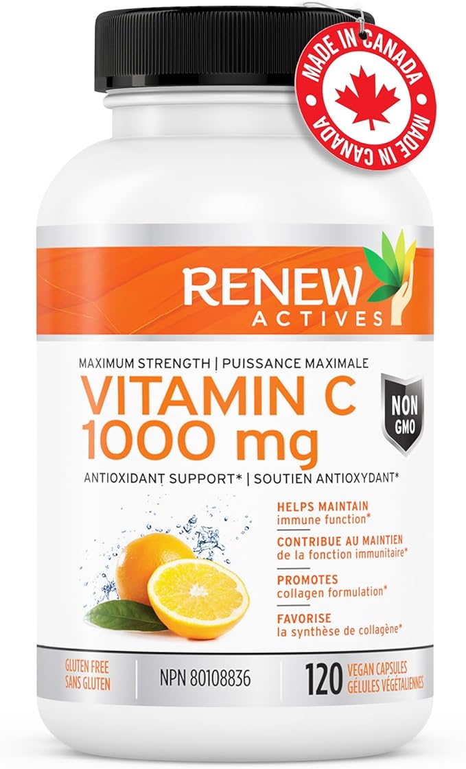 RENEW ACTIVES Maximum Strength Vitamin C 1000MG per Serving – Antioxidant & Immune Booster for Overall Health, Bones, Teeth & Gums – Non-GMO, Sugar-Free, 4-Month Supply – Made in Canada – 120 Capsules