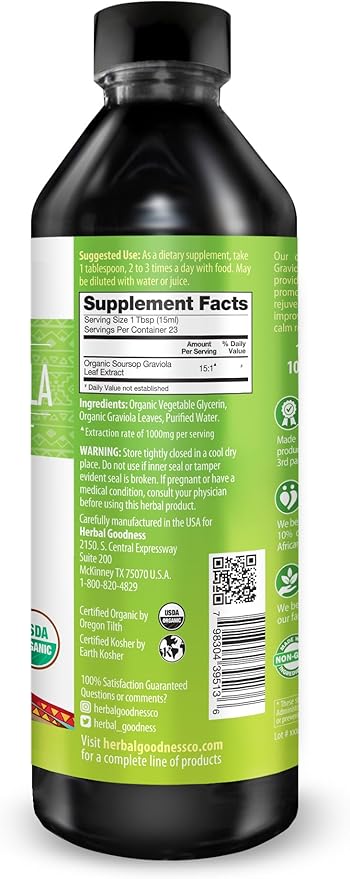 Herbal Goodness Soursop Graviola Leaf Extract 15X Strength – Organic Soursop Bitters Liquid Drop for Cell Support, Regeneration, Relax, Immune Boost, Stress Relief, Liver & Sleep Support, 12oz
