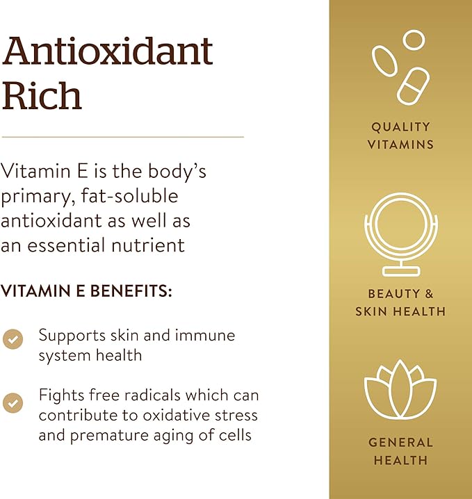 Solgar Vitamin E 268 MG (400 IU) (d-Alpha Tocopherol & Mixed Tocopherols), 100 Softgels - Supports Immune System & Skin Nutrition - Natural Antioxidant - Gluten Free, Dairy Free - 100 Servings