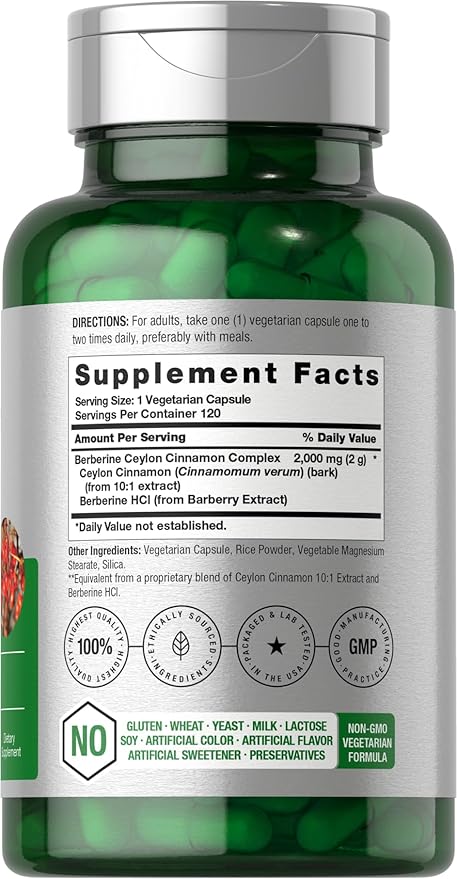 Horbaach Berberine with Ceylon Cinnamon | 2000mg | 120 Veggie Capsules | Vegetarian, Non-GMO & Gluten Free Supplement | Berberine Complex