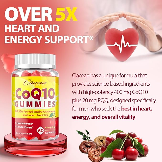 CoQ10 Gummies with PQQ - 400 MG Coenzyme Q10 High Potency, Enhanced with Ayurvedic Herbs, Adaptogenic Mushroom Blend & Probiotics for Heart, Brain, Energy, Immunity, Cherry Flavor, 120 Vegan Gummies
