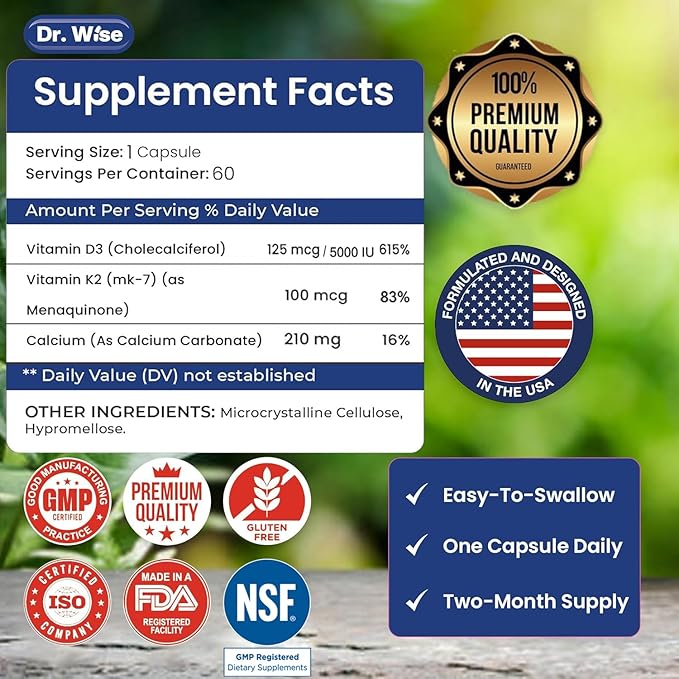 Dr. Wise Vitamin D3 5000 IU + K2 MK-7 - Women’s Supplement for Bone Strength, Heart Health, Immune Support & Radiant Skin - 60 Capsules - High Absorption - 2 Month Supply
