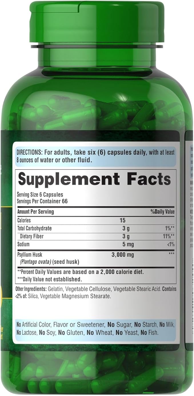 Puritan's Pride Herbal Ease® Psyllium Husks 500mg, Dietary Supplement for Digestive, Colon, and Heart Health Support, Daily Fiber Capsules, 2 Month Supply, 400 Rapid Release Capsules