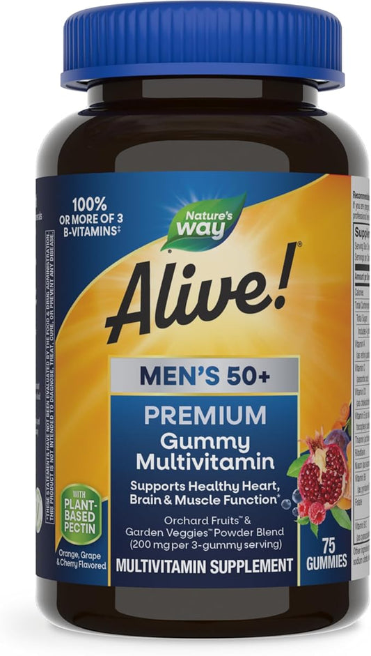 Nature’s Way Alive! Men’s 50+ Premium Gummy Multivitamin, Supports Healthy Heart, Brain & Muscle Function*, B-Vitamins, Vegetarian, Grape, Orange and Cherry Flavored, 75 Gummies