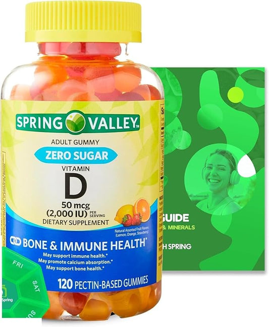 Zero Sugar Vitamin D Spring V Gummies, 50 Mcg (2,000 IU), 120 Count, Lemon, Orange & Strawberry Flavors, Supports Bone & Immune Health + Better Ligth&Spring Guide