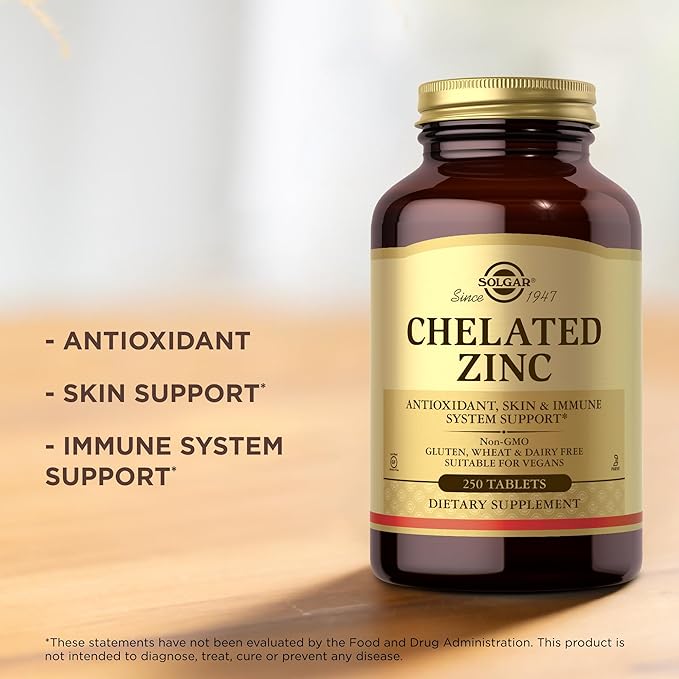 Solgar Chelated Zinc - 250 Tablets, Pack of 2 - Antioxidant, Skin & Immune System Support - Non-GMO, Vegan, Kosher, Gluten Free - 500 Total Servings